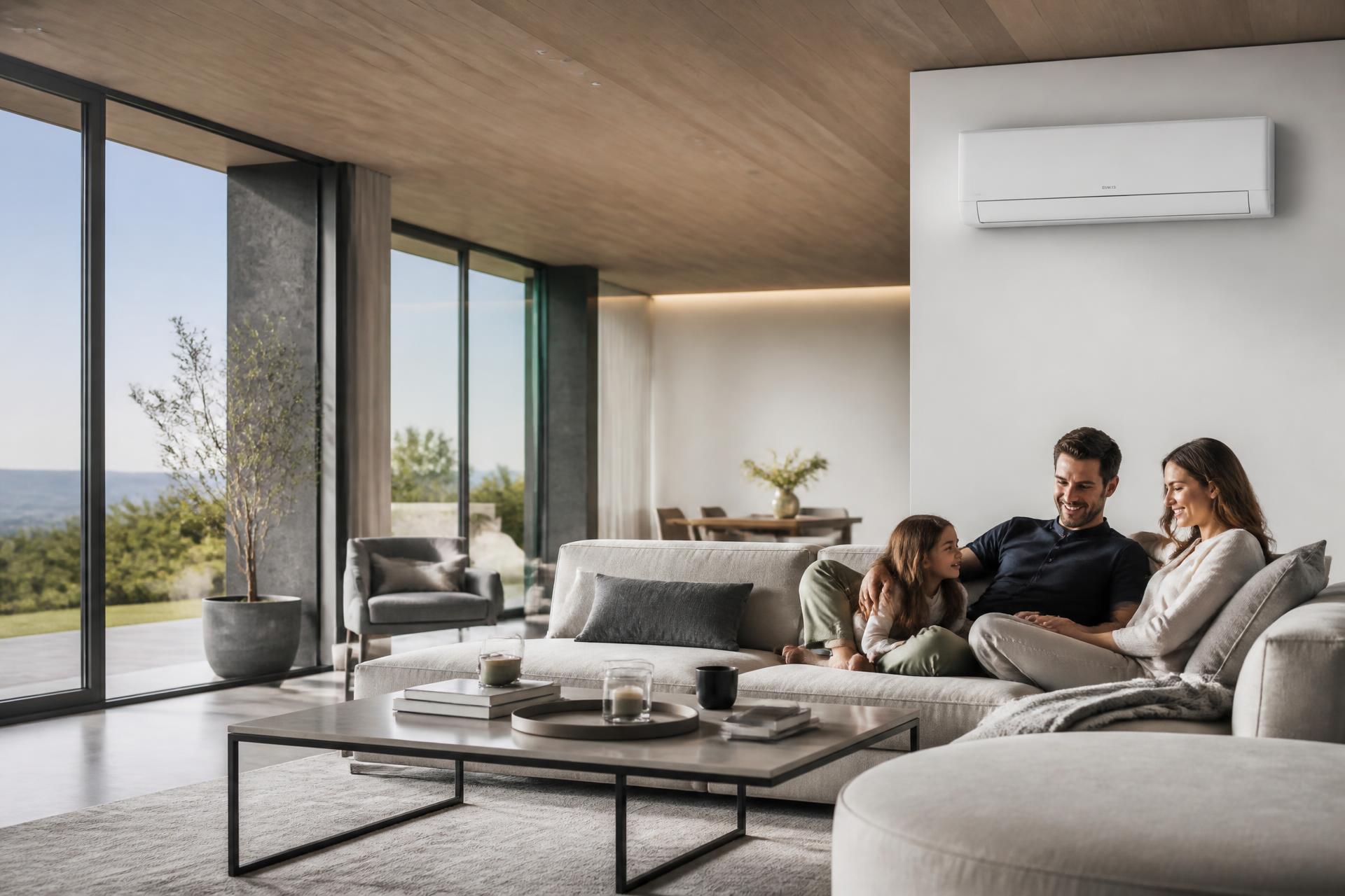 Family relaxing in a modern UK living room with a Comfort365 air conditioning unit