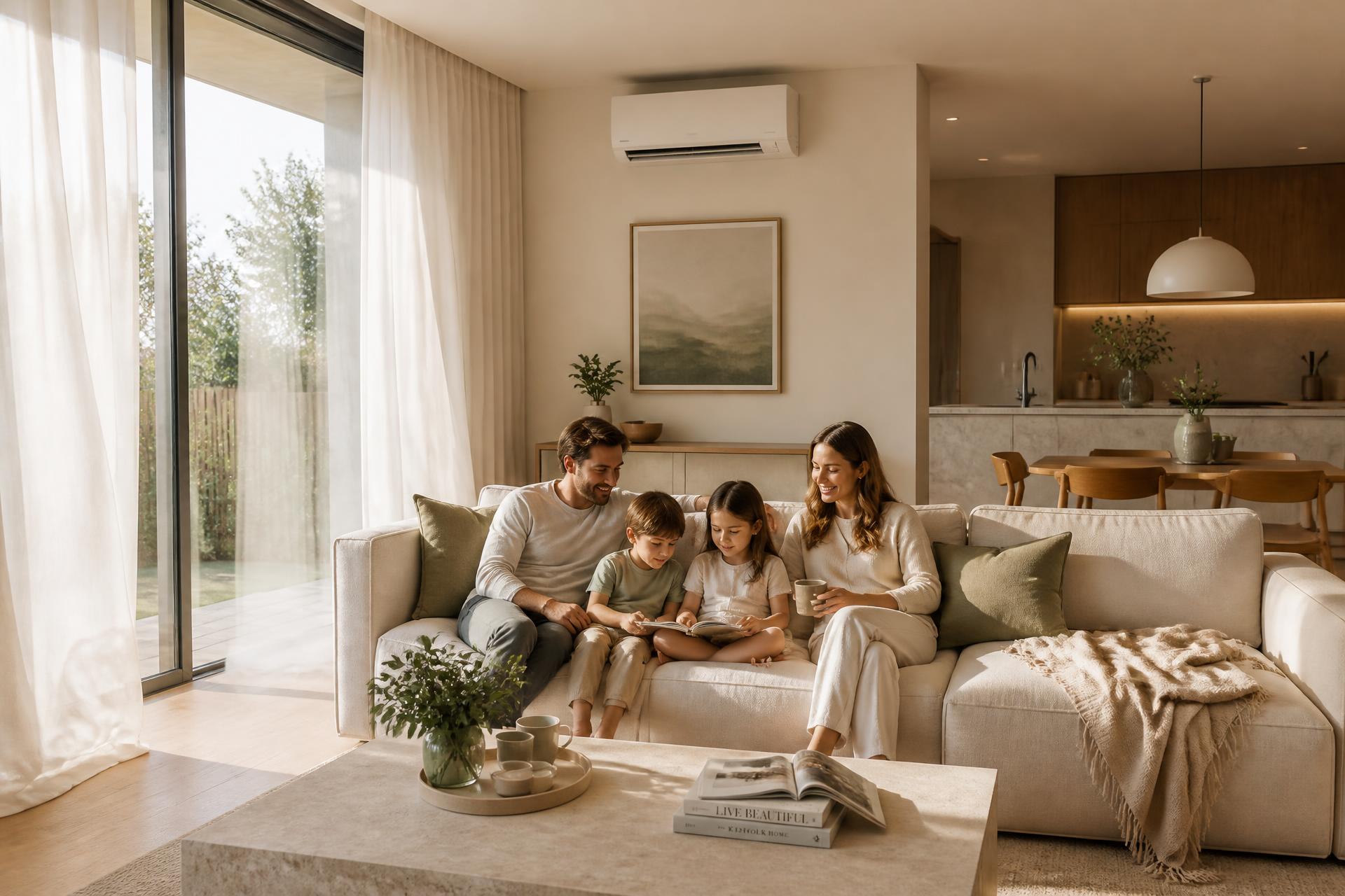 A British family relaxing in a bright modern living room with a Comfort365 air conditioning unit